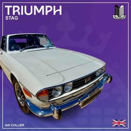 White Triumph Stag sports car with a convertible top, set against a purple background.