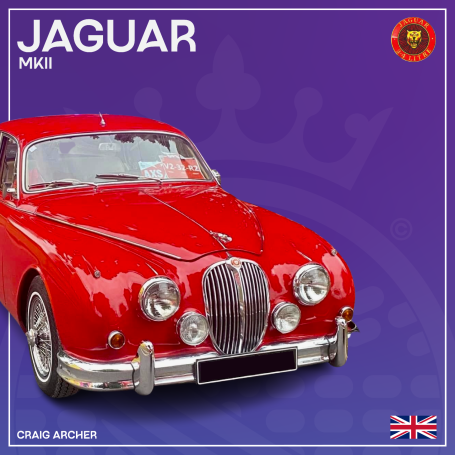 A red classic Jaguar MKII car on a purple background with a British emblem.