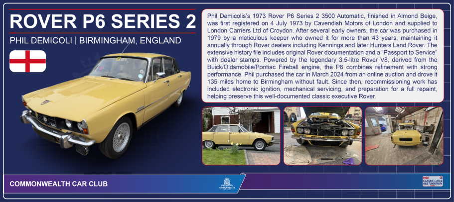 Yellow Rover P6 Series 2 displayed with information panel, including photos and details.