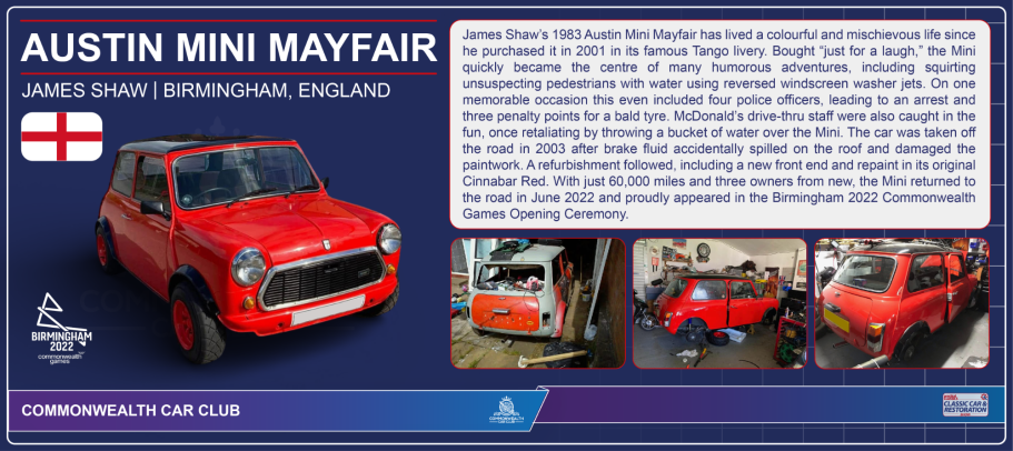 Red Austin Mini Mayfair with historical details and images of its features.