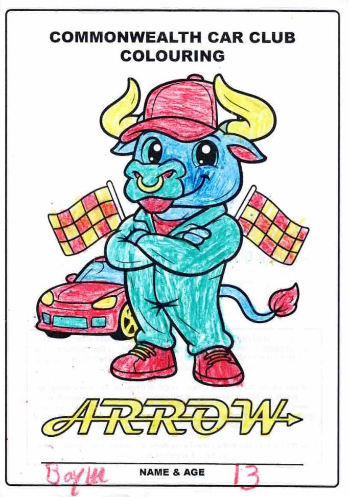 A cartoon bull mascot holding checkered flags, with a red cap and a sports car.