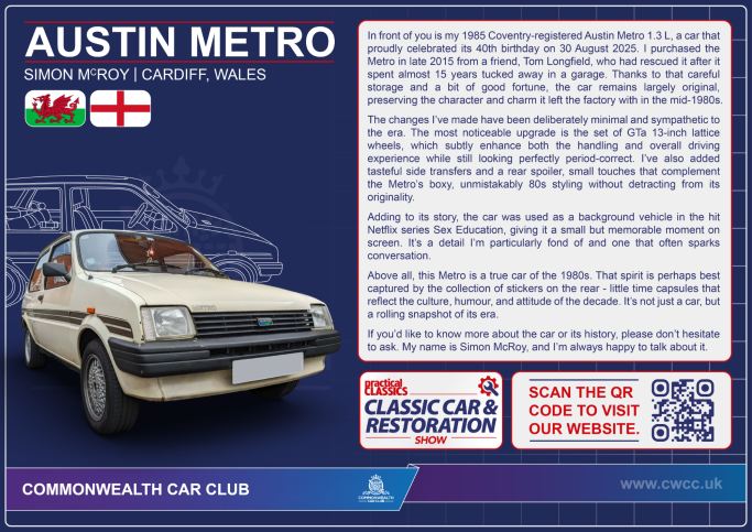 Austin Metro car on display with descriptive text about its history and features.