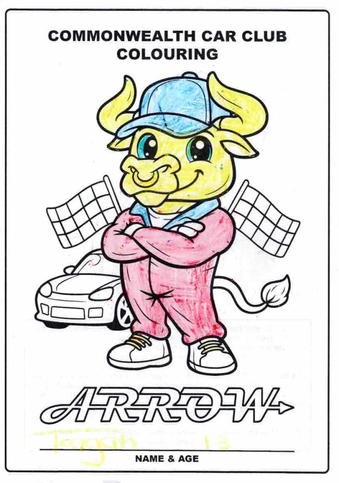 A cartoon bull wearing a racing suit, standing with crossed arms beside a car and flags.