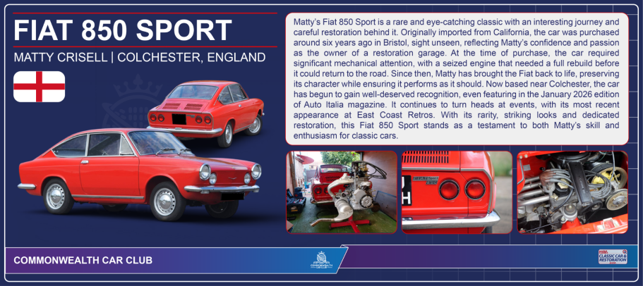 Description of a vintage red Fiat 850 Sport with historical information and engine details.