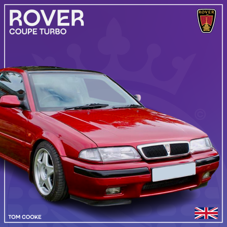 Red Rover Coupe Turbo against a purple background, featuring British flag emblem.