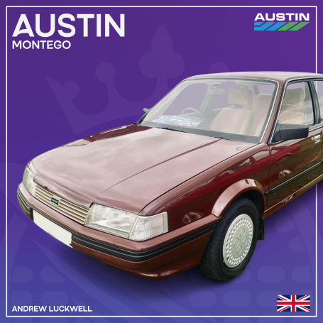 Red Austin Montego against a purple background, featuring British flag and brand logo.