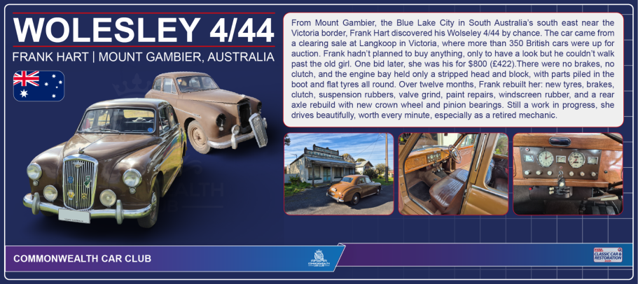 A display featuring a Wolseley 4/44 car, with information and images of the vehicle and interior.