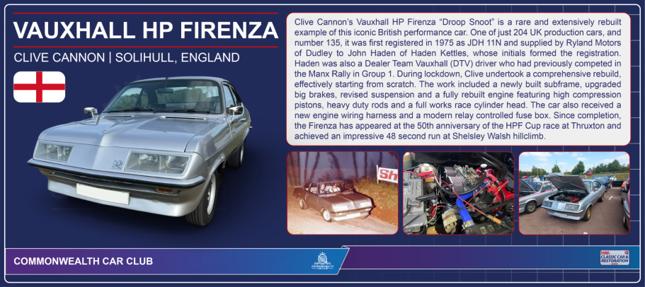 Silver Vauxhall HP Firenza car displayed with historical information and images.