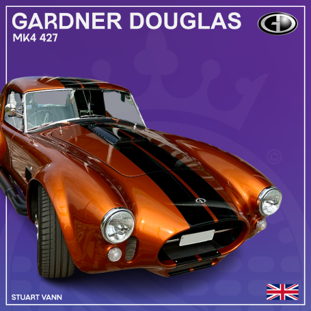 Orange sports car with black stripes, labelled "Gardner Douglas MK4 427," featuring a British flag.