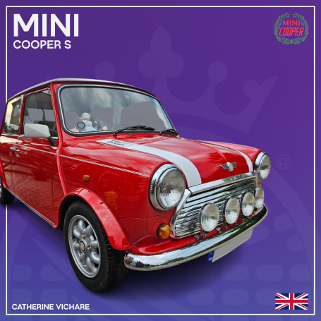 Red Mini Cooper S with white stripes and classic design against a purple background.