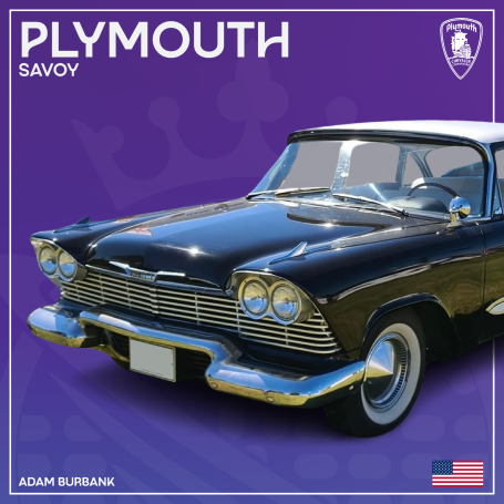Classic black Plymouth Savoy on a purple background.