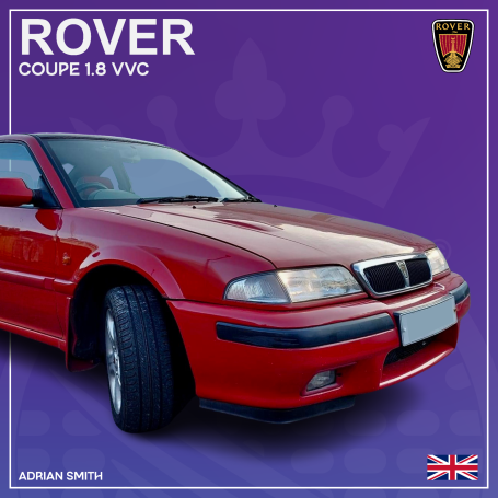 Red Rover Coupe 1.8 VVC against a purple background with a crest.