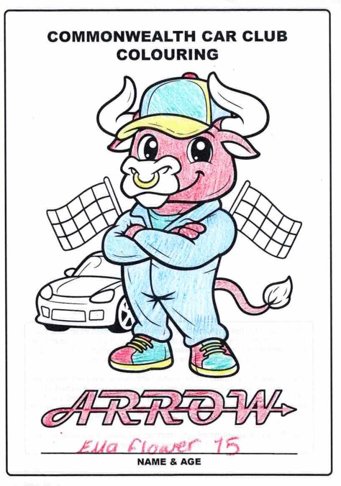 A cartoon pink cow in a racing outfit, posing with a car and checkered flags.