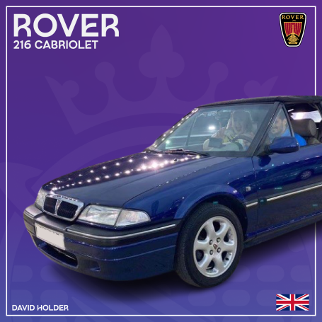 Blue Rover 216 Cabriolet with a convertible roof, parked against a purple background.