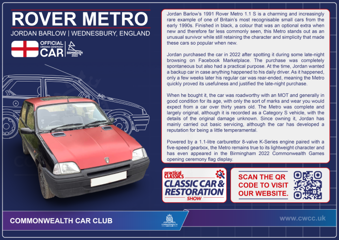 Red Rover Metro car on a blue background with text about its history and specifications.