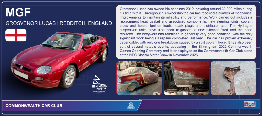 Red MGF sports car displayed with information about its features and history.