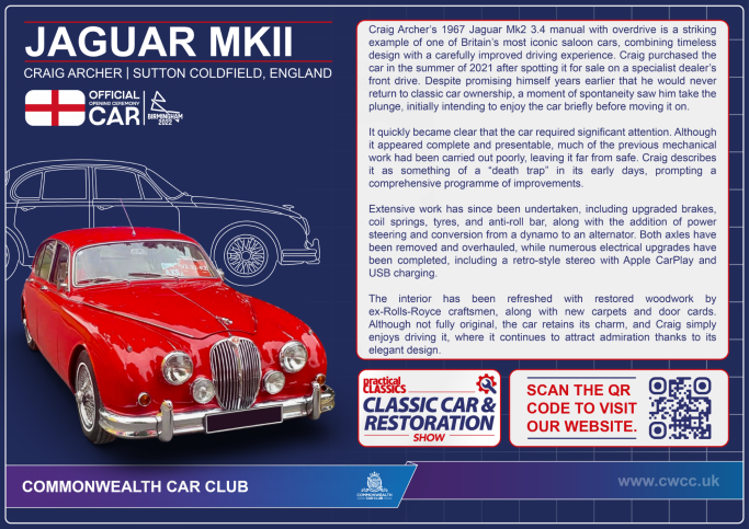 Red Jaguar MK II with a classic car information card beside it.