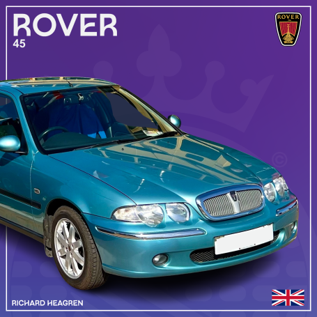 A teal Rover 45 car is displayed against a purple background.