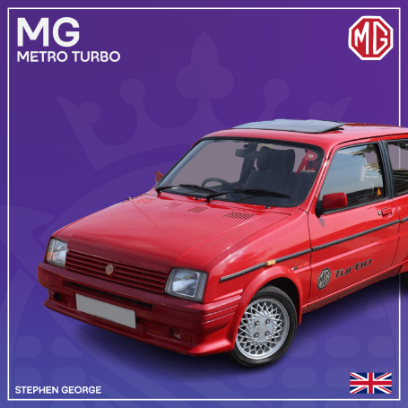 Red MG Metro Turbo with a sporty design against a purple background.