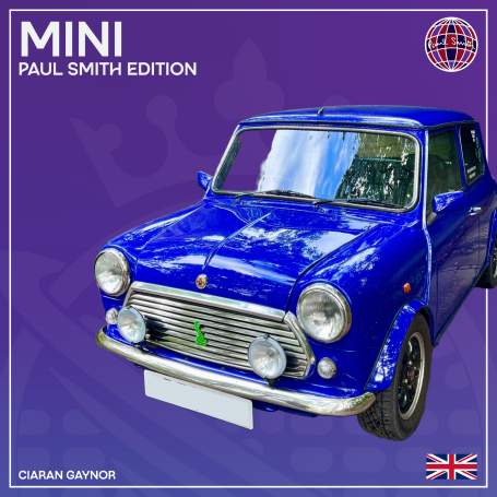 Blue Mini car, Paul Smith edition, with distinctive design elements.