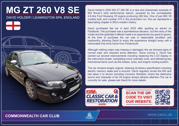 Black MG ZT V8 SE car with specifications and QR code for more information.