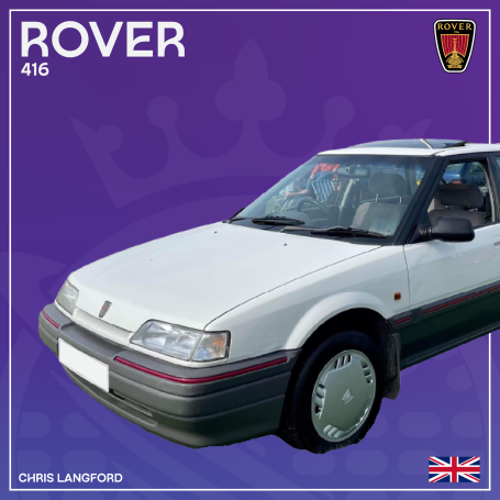 White Rover 416 parked against a purple background with British flag and text.