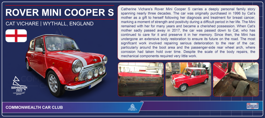 Red Rover Mini Cooper 5 displayed with information about its history and features.