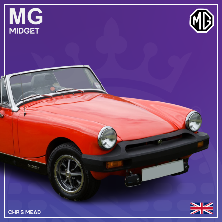 Red MG Midget sports car against a purple background.