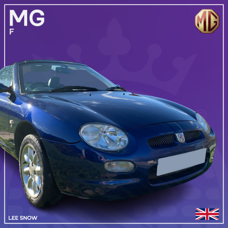 Blue MG sports car on a purple background.
