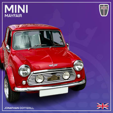 Red Mini Mayfair car with a classic design, set against a purple background.